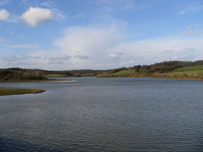 800px-Barrages de l'Eau d'Heure; Lac de l'Eau d'heure vu du barrage du Ri Jaune