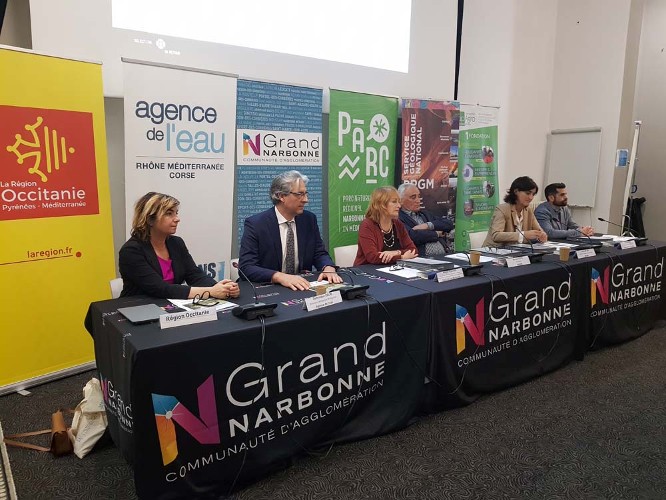 Sophie Courrière-Calmon (Région Occitanie), Dominique Colin (agence de l’eau), Magali Vergnes (Grand Narbonne), Bernard Devic (Parc naturel régional), Ariane Blum (BRGM) et Pascal Peny (SupAgro)